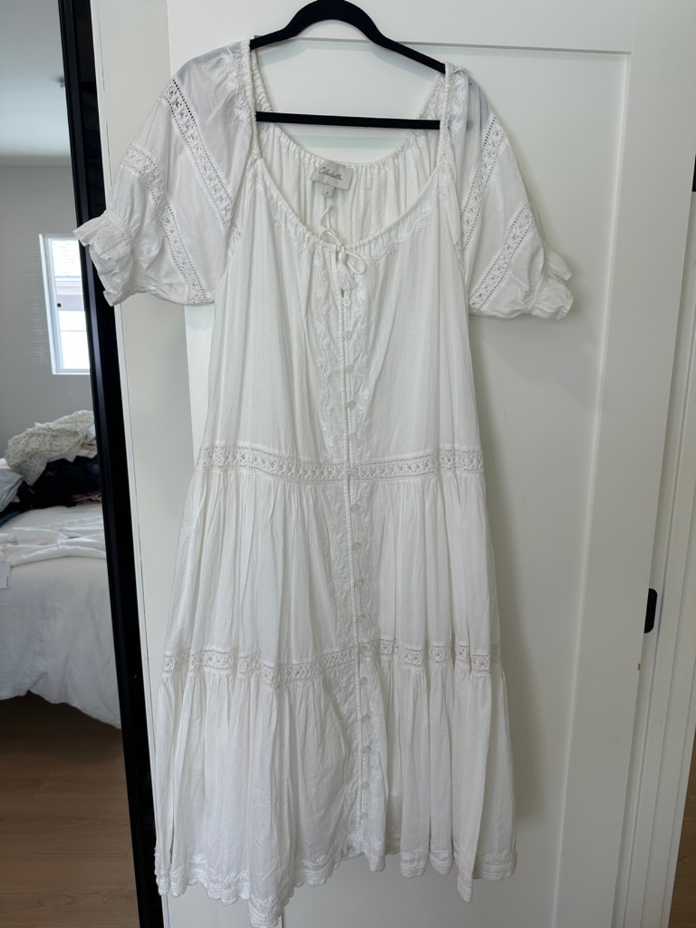 Cleobella White Boho Tiered Midi Dress with Lace Inserts